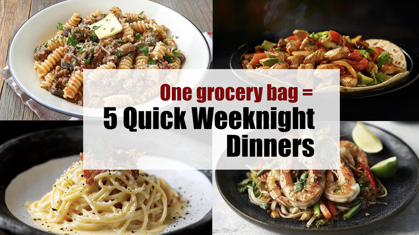 An image showing a number of recipes in collage style with the words 5 easy weeknight dinners in the centre