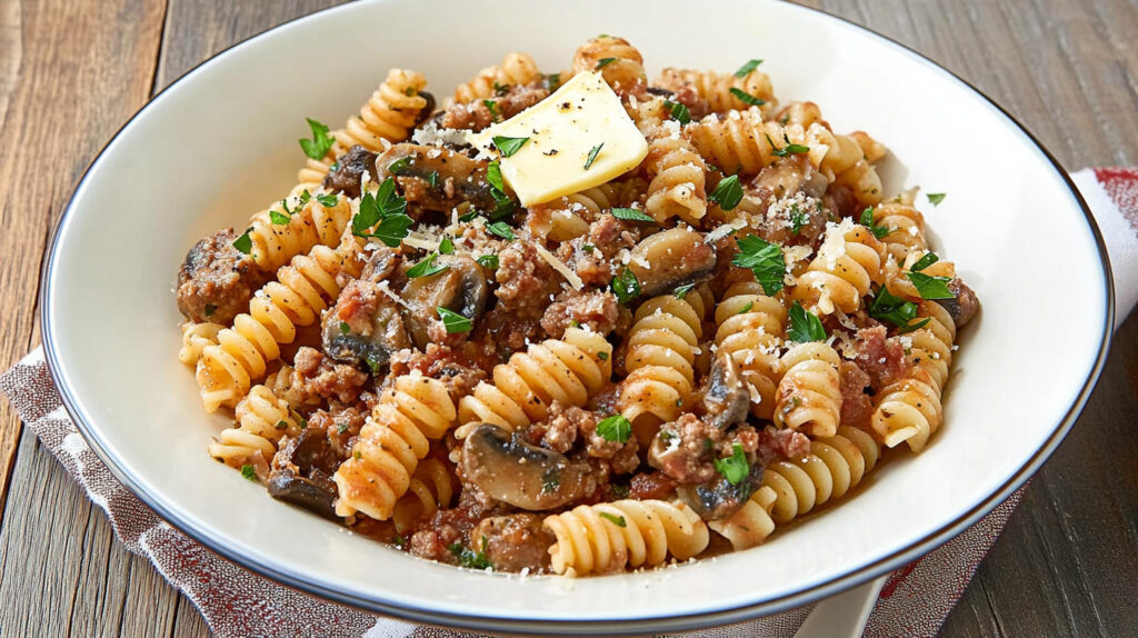 A plate with sausage pasta and mushrooms