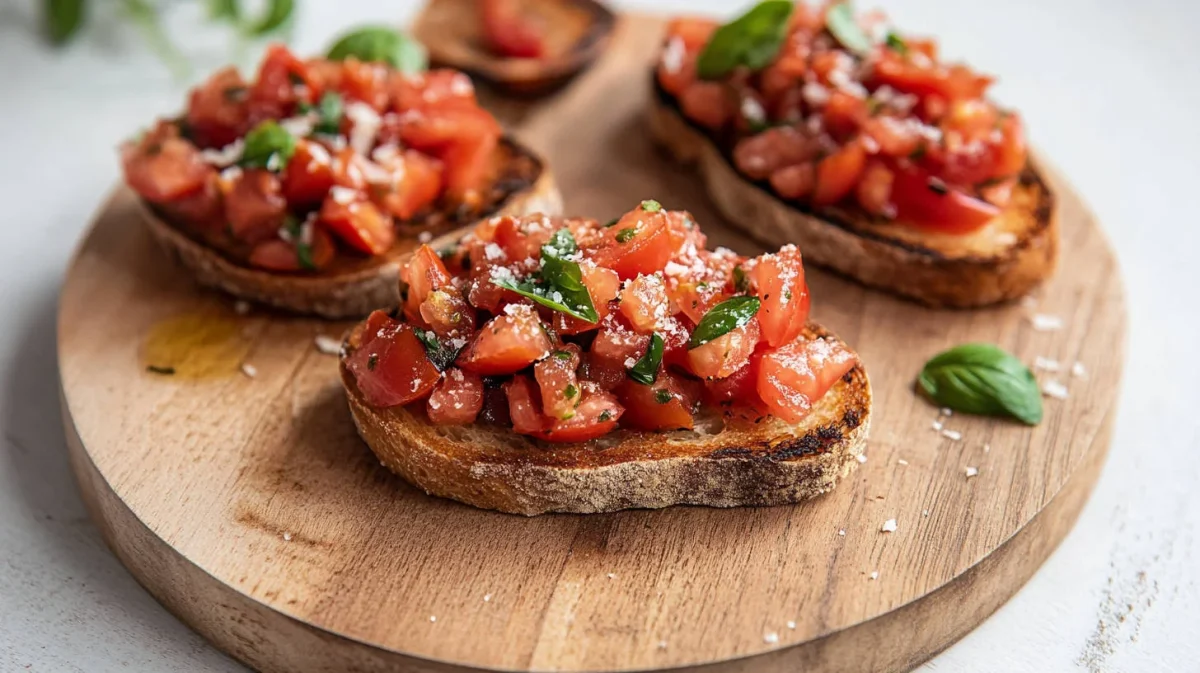 A photo of Tomato and Basil Bruschetta rubbed with garlic, piled with juicy tomatoes, basil, and a drizzle of olive oil on wooden chopping board.