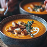 A classic carrot soup recipe being shown in 2 bowls with croutons on top with some thyme.