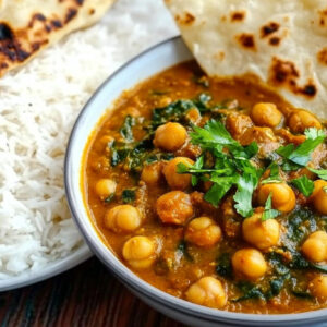 An image showing an easy vegan recipe dished up on a plate next to naan and rice.