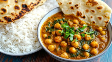 An image showing an easy vegan recipe dished up on a plate next to naan and rice.