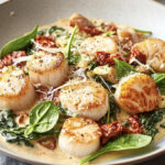 Pan‑seared scallops recipe in a silky sun‑dried tomato and spinach cream sauce, finished with Parmesan and Italian herbs.