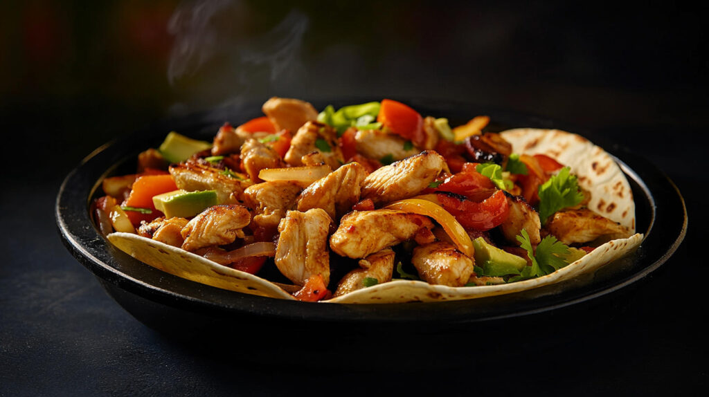 Lime-marinated chicken fajitas with charred peppers and onions, all wrapped up in a soft tortilla