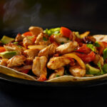 Lime-marinated chicken fajitas with charred peppers and onions, all wrapped up in a soft tortilla