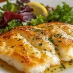 A plate of golden‑seared lemon cod fillets topped with a quick garlic‑lemon butter sauce and fresh parsley
