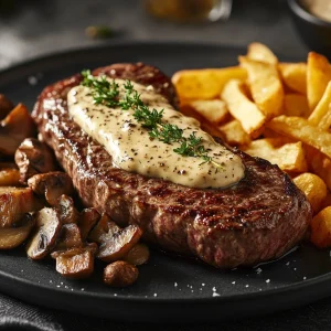 Pan‑Seared Sirloin steak on a plate along with chips. A perfect sirloin steak recipe.