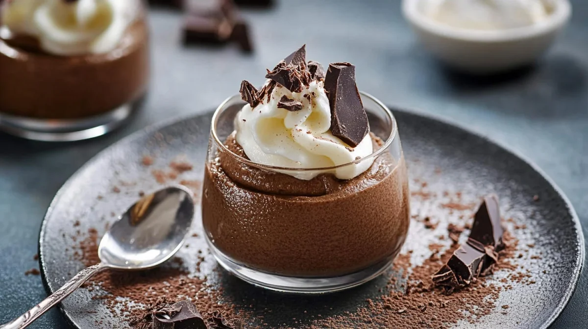 A chocolate mousse recipe showing an ultra-smooth, airy chocolate mousse made with 74% dark chocolate, whipped egg whites, and a dollop of cream.