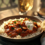 Mushroom masala. Hearty chestnut mushrooms simmered in a spiced tomato-yogurt sauce, served perfectly over rice or with naan