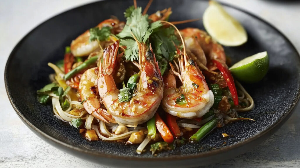 A tiger prawn stir-fry marinated in zesty lime and fish sauce, quickly stir-fried with crisp vegetables, and served over noodles