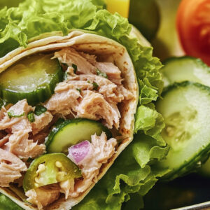A photo of a tuna wrap with cucumber and lettuce.