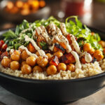 A vegan Buddha bowl with warm, roasted veggies meet protein‑packed chickpeas and fluffy quinoa, topped off with crisp greens and a creamy tahini drizzle.