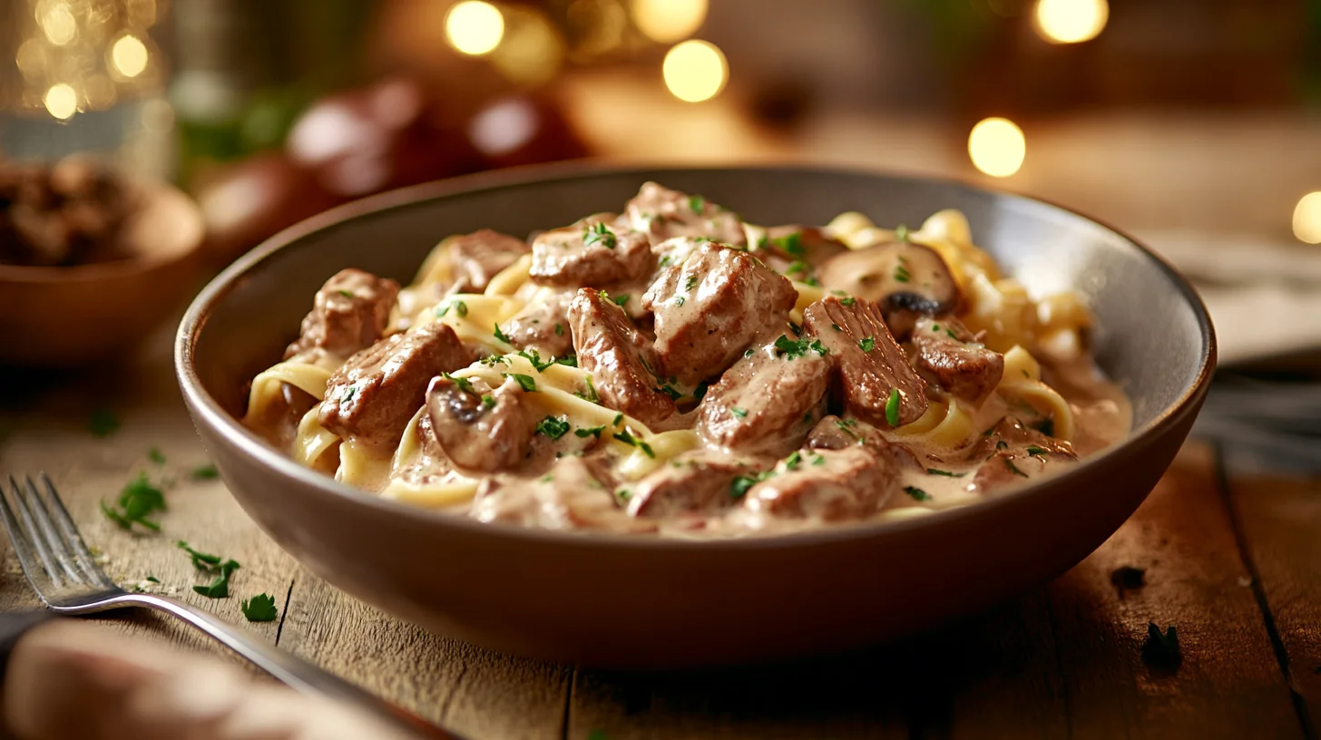 A bowl of creamy beef stroganoff with mushrooms