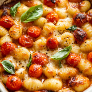A photo showing a baking tray with a caprese gnocchi bake that has just come out of the oven.