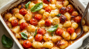 A photo showing a baking tray with a caprese gnocchi bake that has just come out of the oven.