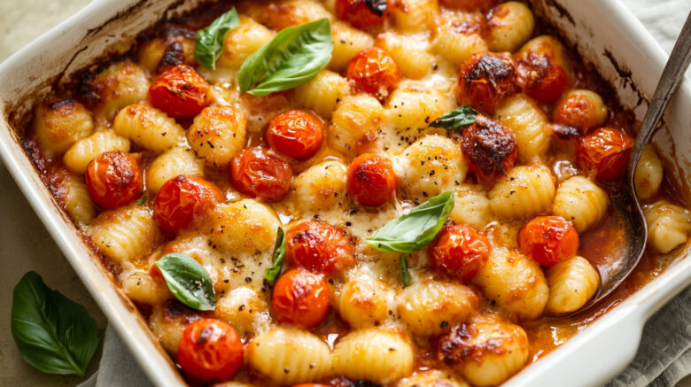 A photo showing a baking tray with a caprese gnocchi bake that has just come out of the oven.
