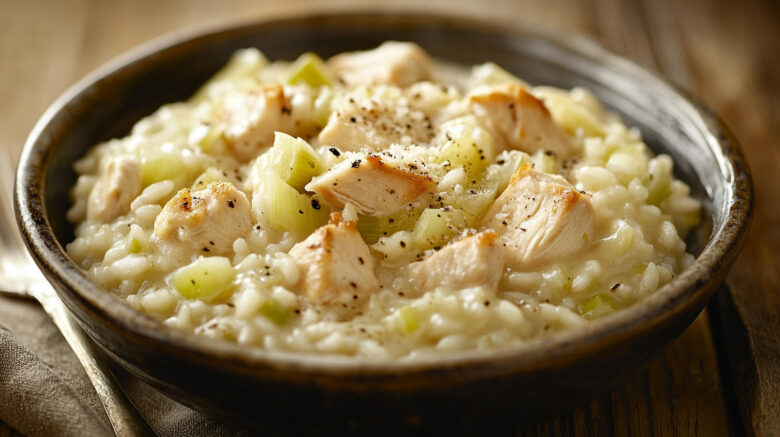 A photo showing a chicken risotto recipe in a bowl on a wooden table.