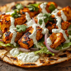 A photo of chicken tikka flatbreads with a drizzle of minted yoghurt.