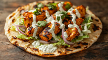 A photo of chicken tikka flatbreads with a drizzle of minted yoghurt.