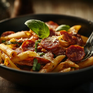 A photo showing a chorizo pasta recipe with roasted red peppers.