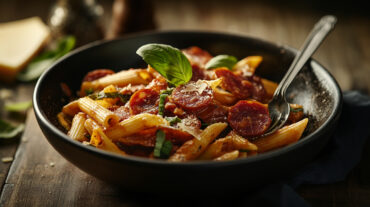 A photo showing a chorizo pasta recipe with roasted red peppers.