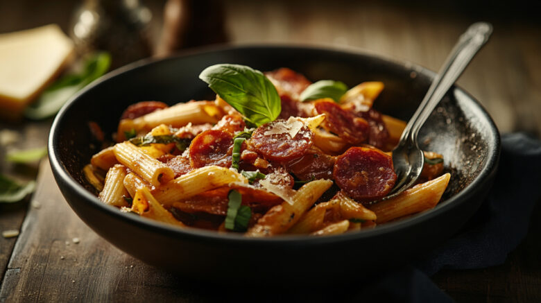 A photo showing a chorizo pasta recipe with roasted red peppers.