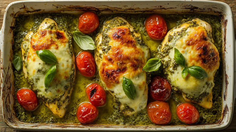 A photo showing a pesto chicken bake in a dish surrounded by cherry tomatoes and basil.