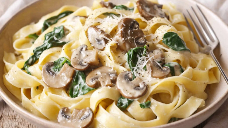 A photo showing a bowl of creamy mushroom tagliatelle with spinach.