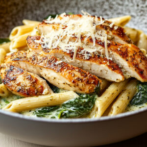 A photo showing a bowl of creamy pesto chicken pasta.