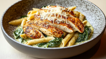 A photo showing a bowl of creamy pesto chicken pasta.