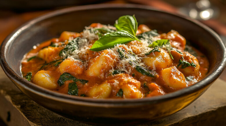A photo of a creamy tomato spinach gnocchi recipe in a bowl that's just been served up.