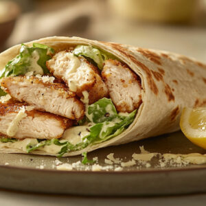 A photo showing a Crispy Chicken Caesar Wrap with romaine lettuce. By the side is a wedge of lemon.