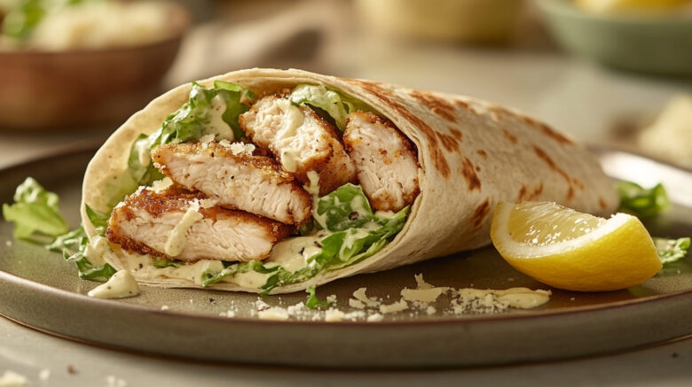 A photo showing a Crispy Chicken Caesar Wrap with romaine lettuce. By the side is a wedge of lemon.