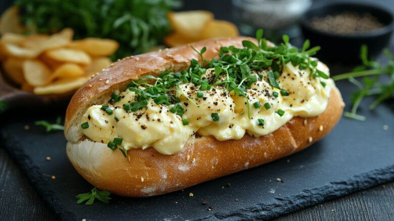 A photo of an egg may sandwich or roll topped with chives and cress.