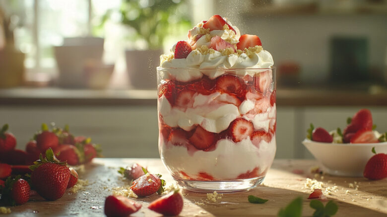 A photo showing a classic eton mess in glass container on kitchen table top