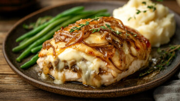 A photo of French Onion Chicken – Juicy chicken packed with caramelised onions & melty cheese.