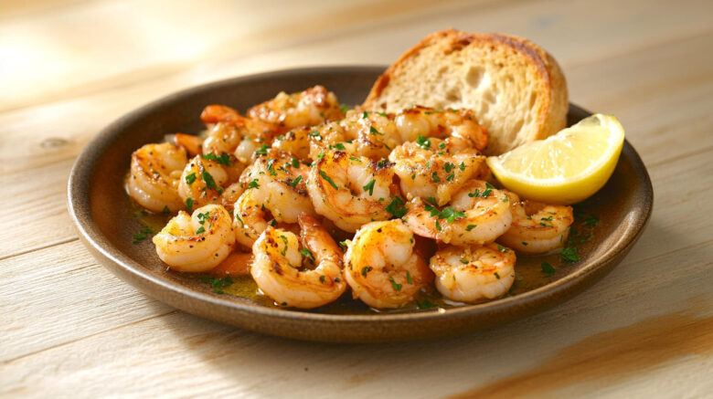 A photo showing a plate of Garlic Butter Prawns with Lemon & Parsley with a lemon wedge on the side along with a couple of baguette slices