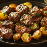 A photo showing garlic steak bites on a plate with roasted new potatoes all mixed together.