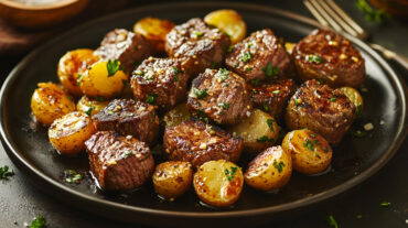 A photo showing garlic steak bites on a plate with roasted new potatoes all mixed together.