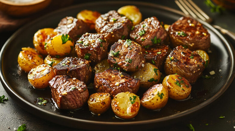 A photo showing garlic steak bites on a plate with roasted new potatoes all mixed together.