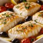 A photo showing baked cod with tomatoes in a baking tray surrounded by olives and tomatoes.