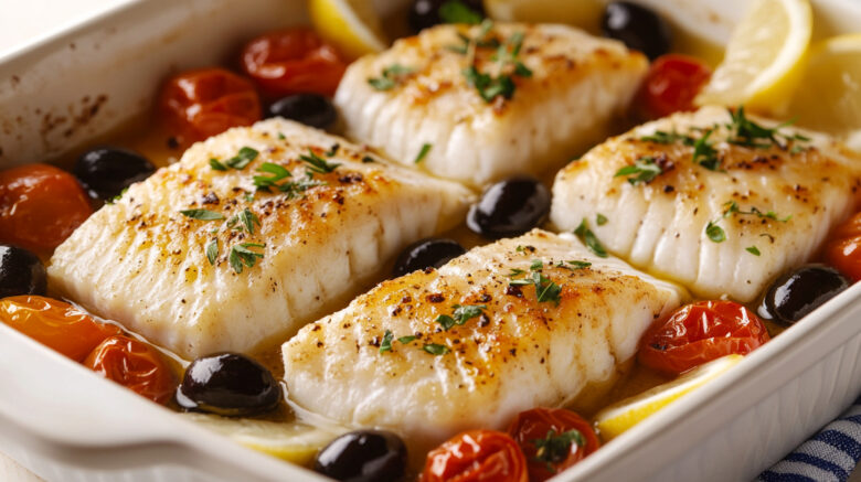 A photo showing baked cod with tomatoes in a baking tray surrounded by olives and tomatoes.