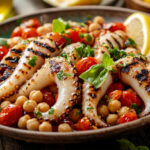 Grilled squid recipe showing a plate of grilled squid, chickpeas, tomatoes and lemon wedges.