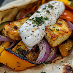 A photo showing a Halloumi wrap with roasted vegetables