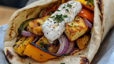 A photo showing a Halloumi wrap with roasted vegetables