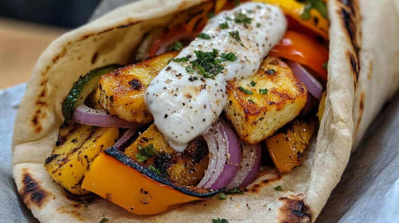 A photo showing a Halloumi wrap with roasted vegetables