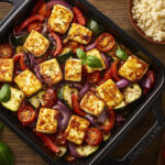 A photo of an halloumi traybake still in the baking dish surrounded by colourful vegetables.