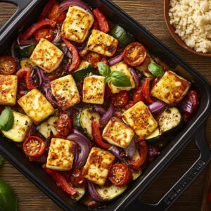 A photo of an halloumi traybake still in the baking dish surrounded by colourful vegetables.