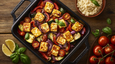 A photo of an halloumi traybake still in the baking dish surrounded by colourful vegetables.