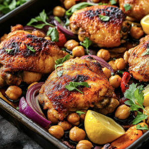 A photo of an harissa chicken traybake on a baking tray just cooked.